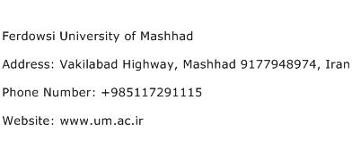 Ferdowsi University of Mashhad Address Contact Number