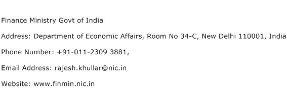 Finance Ministry Govt of India Address Contact Number