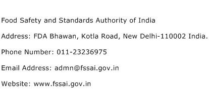Food Safety and Standards Authority of India Address Contact Number