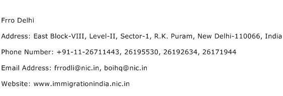 Frro Delhi Address Contact Number