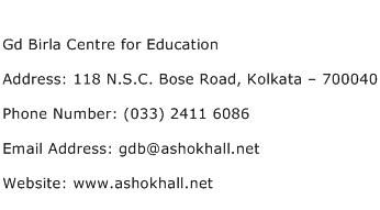 Gd Birla Centre for Education Address Contact Number