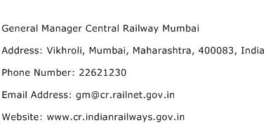 General Manager Central Railway Mumbai Address Contact Number