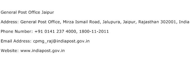 General Post Office Jaipur Address Contact Number