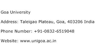 Goa University Address Contact Number