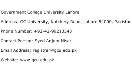 Government College University Lahore Address Contact Number