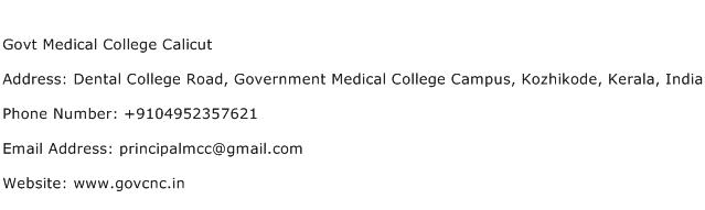 Govt Medical College Calicut Address Contact Number