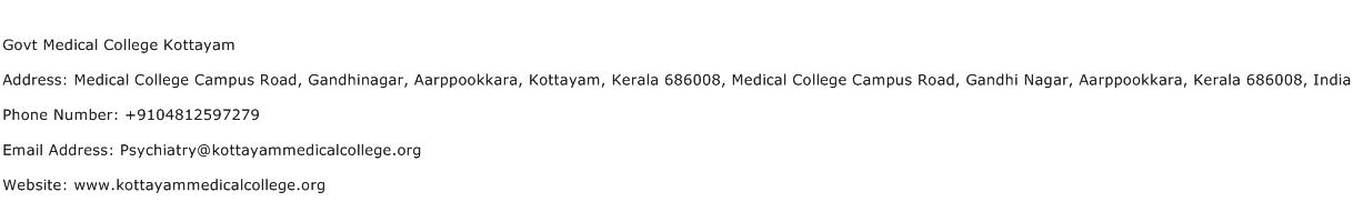 Govt Medical College Kottayam Address Contact Number
