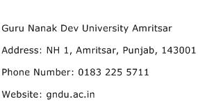 Guru Nanak Dev University Amritsar Address Contact Number