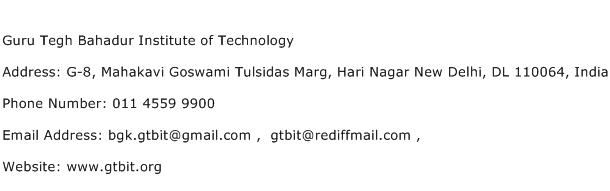 Guru Tegh Bahadur Institute of Technology Address Contact Number