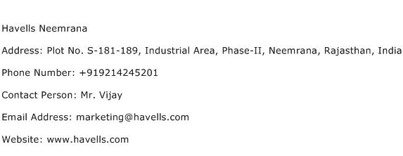Havells Neemrana Address Contact Number