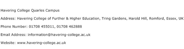 Havering College Quarles Campus Address Contact Number