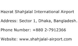 Hazrat Shahjalal International Airport Address Contact Number