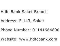 Hdfc Bank Saket Branch Address Contact Number