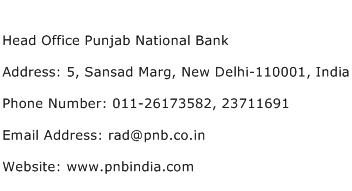 Head Office Punjab National Bank Address Contact Number