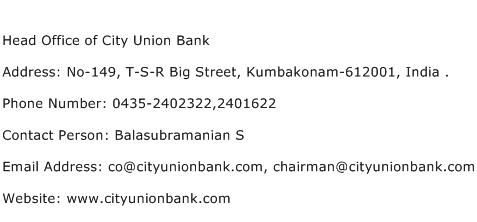 Head Office of City Union Bank Address Contact Number