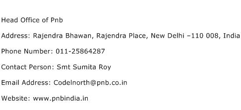 Head Office of Pnb Address Contact Number