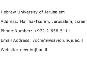 Hebrew University of Jerusalem Address Contact Number