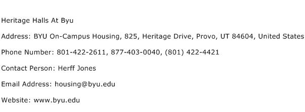 Heritage Halls At Byu Address Contact Number