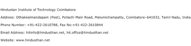 Hindustan Institute of Technology Coimbatore Address Contact Number
