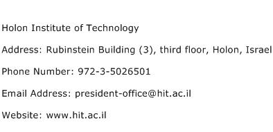 Holon Institute of Technology Address Contact Number