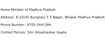 Home Minister of Madhya Pradesh Address Contact Number