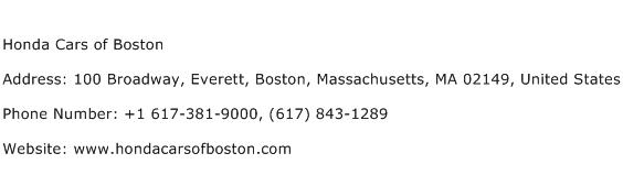 Honda Cars of Boston Address Contact Number