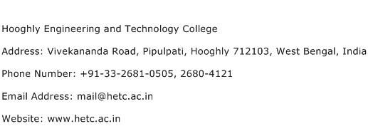 Hooghly Engineering and Technology College Address Contact Number