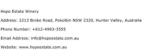 Hope Estate Winery Address Contact Number