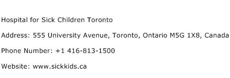Hospital for Sick Children Toronto Address Contact Number