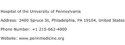 Hospital of the University of Pennsylvania Address Contact Number