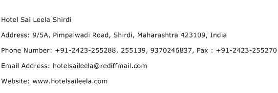 Hotel Sai Leela Shirdi Address Contact Number
