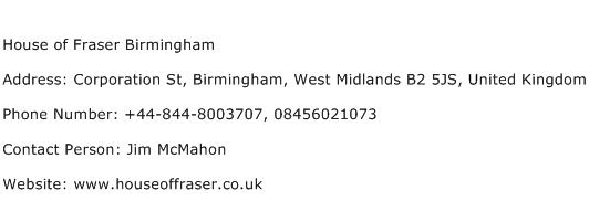 House of Fraser Birmingham Address Contact Number