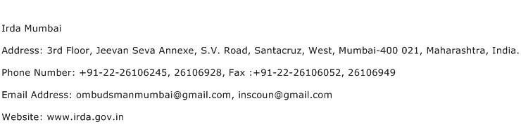IRDA Mumbai Address Contact Number