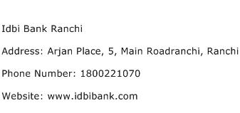 Idbi Bank Ranchi Address Contact Number