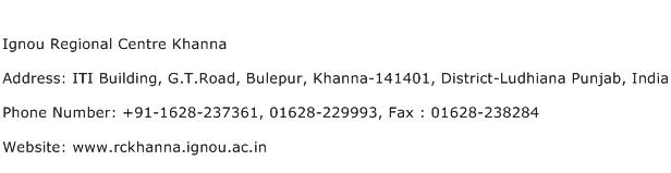 Ignou Regional Centre Khanna Address Contact Number