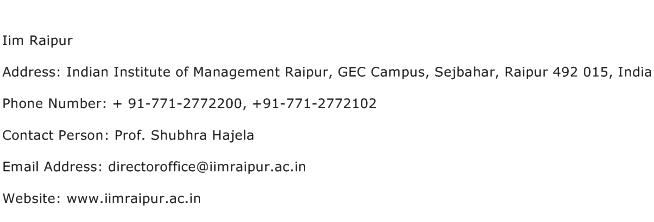 Iim Raipur Address Contact Number