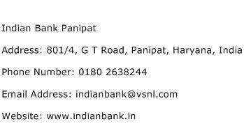 Indian Bank Panipat Address Contact Number
