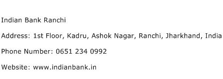 Indian Bank Ranchi Address Contact Number
