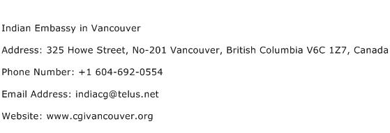 Indian Embassy in Vancouver Address Contact Number