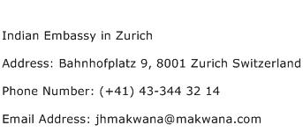 Indian Embassy in Zurich Address Contact Number