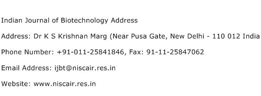 Indian Journal of Biotechnology Address Address Contact Number
