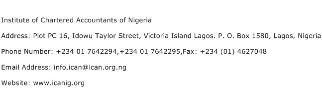 Institute of Chartered Accountants of Nigeria Address Contact Number