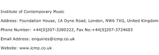 Institute of Contemporary Music Address Contact Number