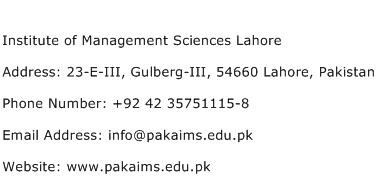 Institute of Management Sciences Lahore Address Contact Number
