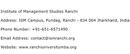 Institute of Management Studies Ranchi Address Contact Number
