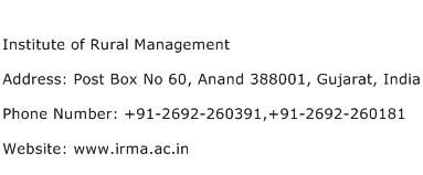 Institute of Rural Management Address Contact Number