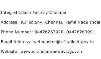 Integral Coach Factory Chennai Address Contact Number