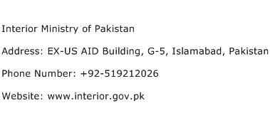 Interior Ministry of Pakistan Address Contact Number