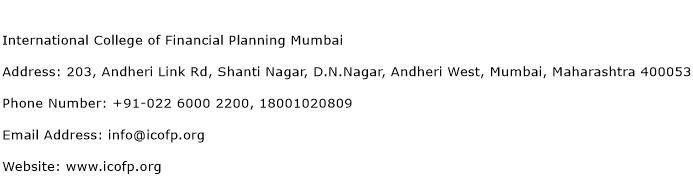 International College of Financial Planning Mumbai Address Contact Number
