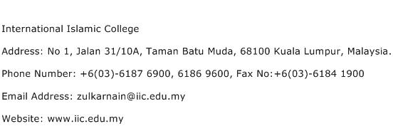 International Islamic College Address Contact Number